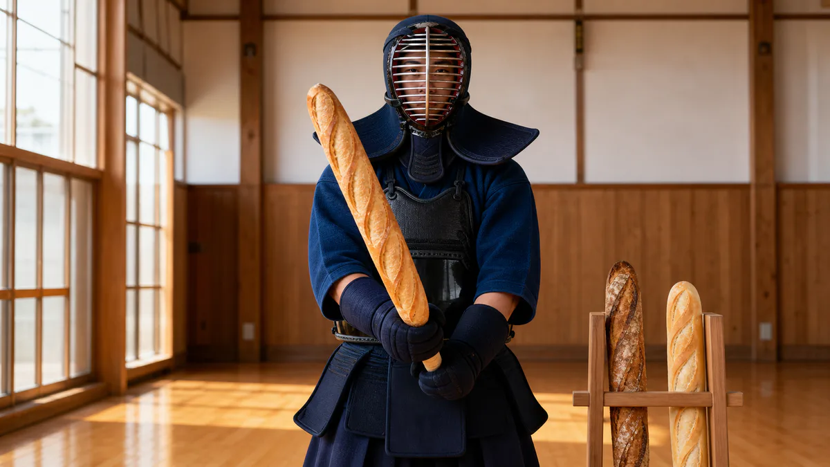 明るい道場でフランスパンを竹刀のように構える防具姿の競技者