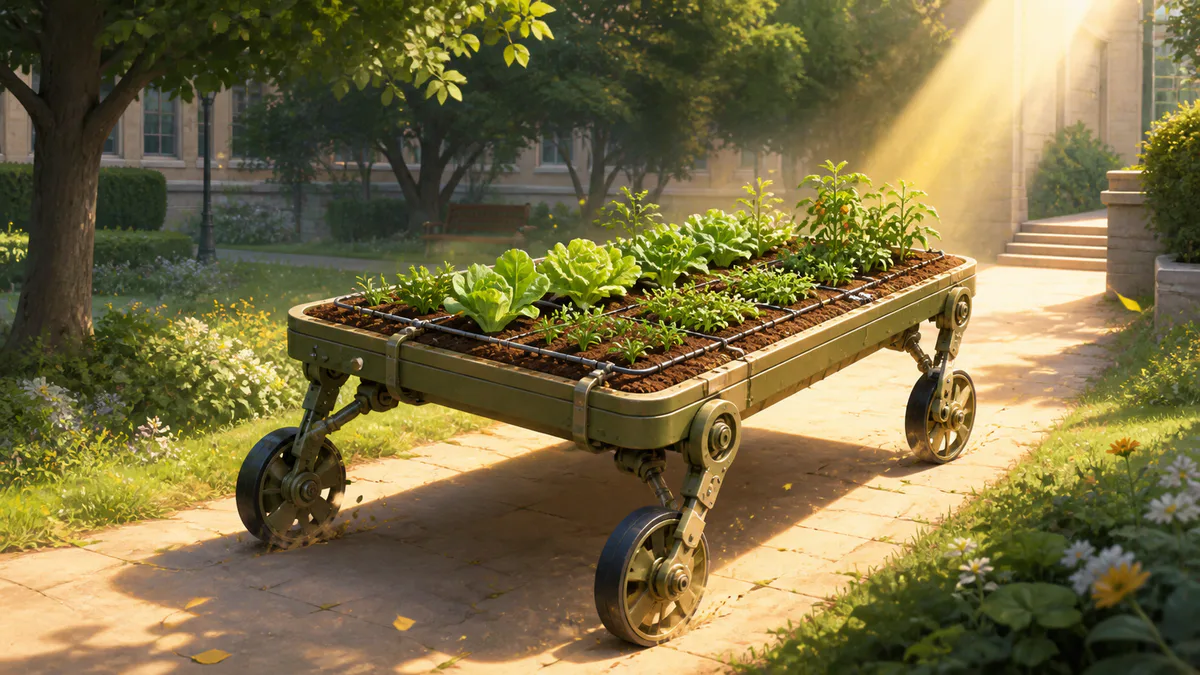 野菜を育てたまま、車輪付きの脚で日なたへ移動する小さな畑