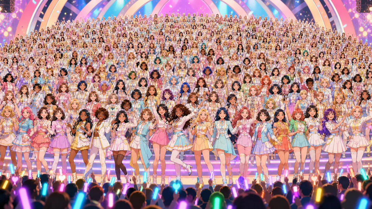 ステージを何段も埋め尽くすほど大勢の架空アイドルグループ