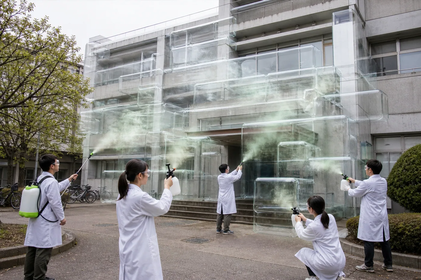 校舎を覆う透明な空気建材へユーカリスプレーを噴霧する超未来工学部の学生ら