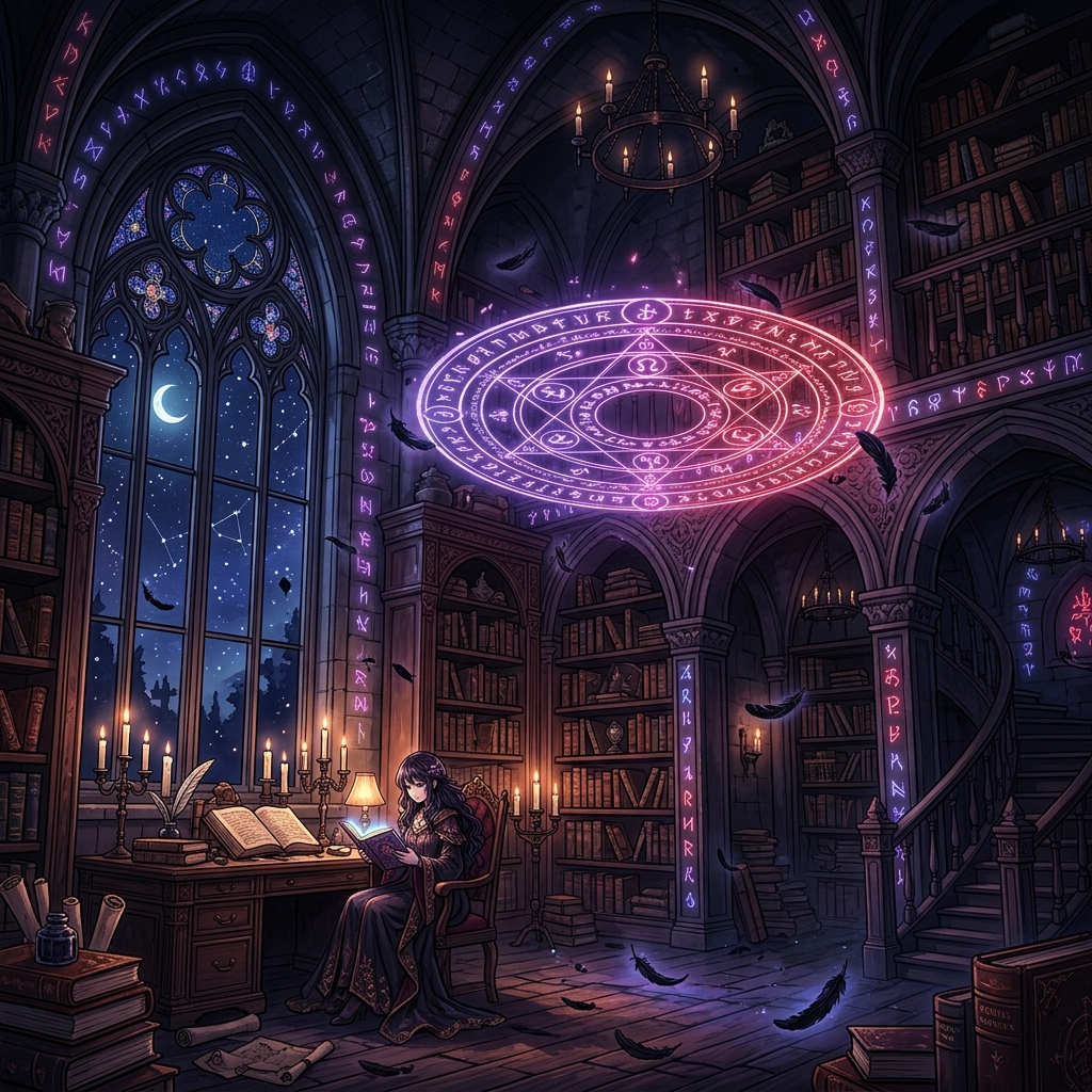 月夜の魔導図書館で闇の文献を研究する中二病学部生