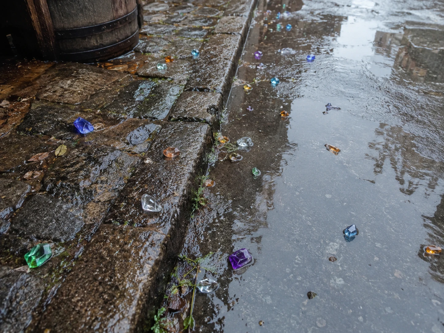雨上がりの石畳と水たまりに、色とりどりの魔石が散らばっている様子