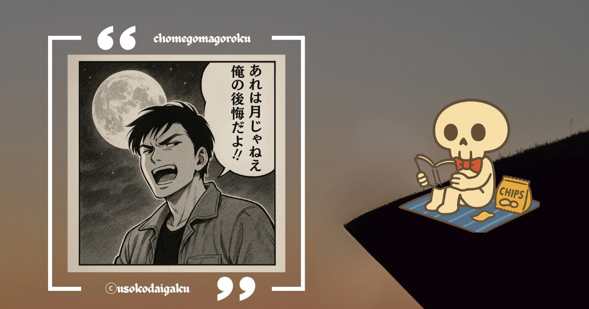月を背にした漫画の人物と『あれは月じゃねぇ俺の後悔だよ!!』のセリフ