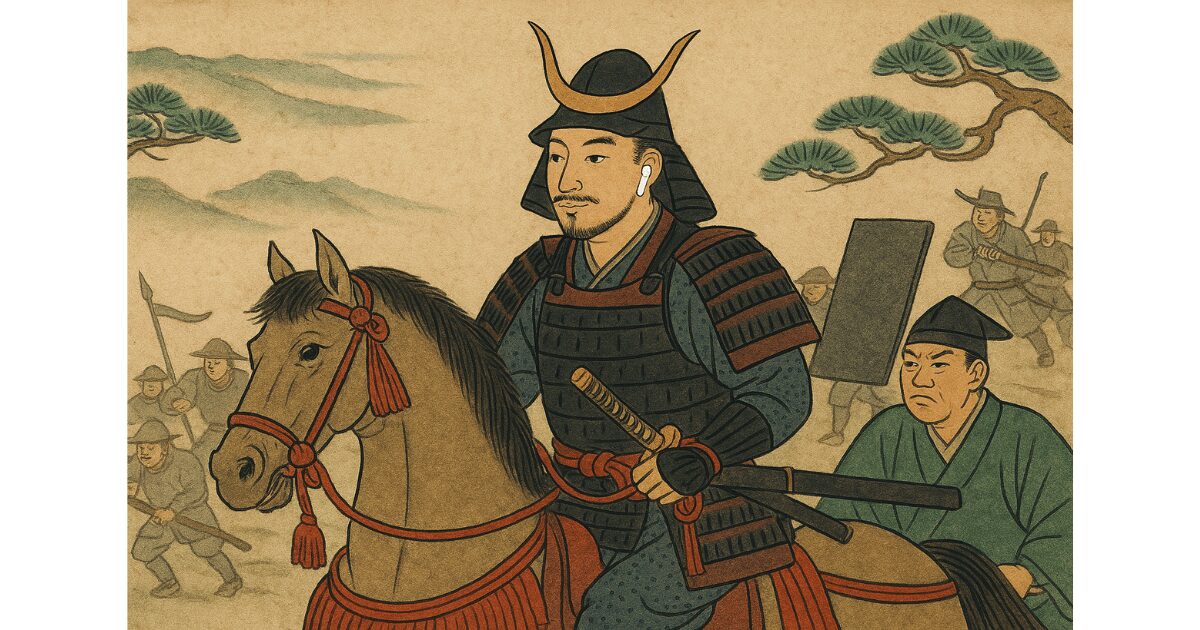 織田信長 出陣図。信長の耳に白い棒状物体、背後に黒い長方形が描かれている