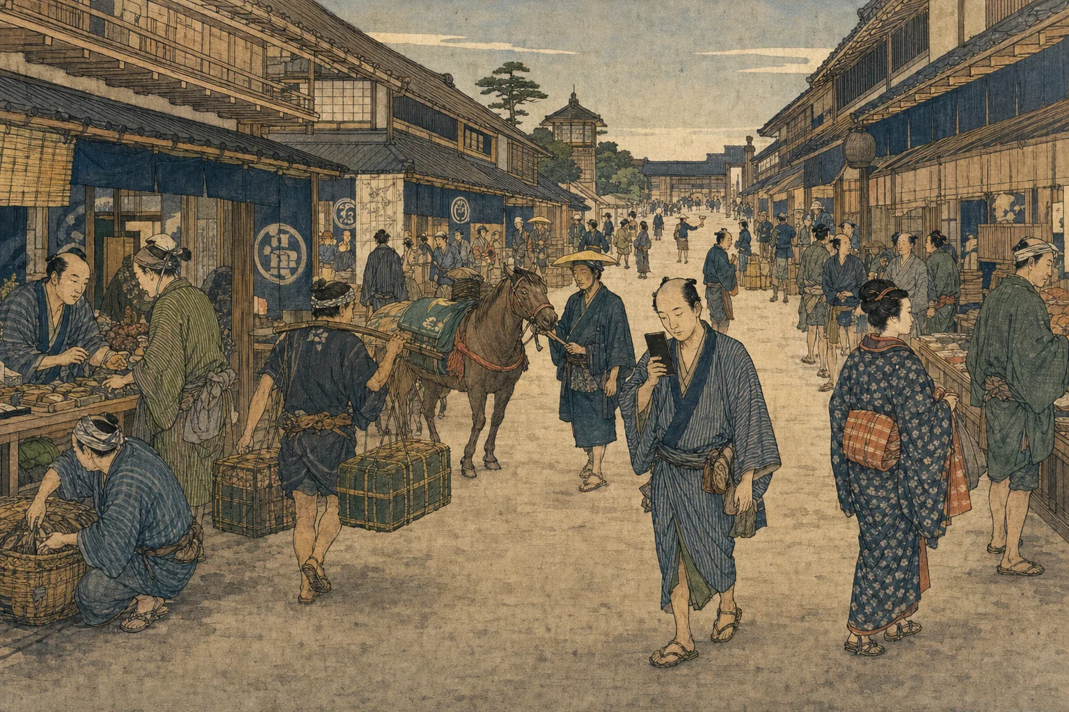 江戸の往来で黒い板を見ながら歩く町人を描いた研究資料