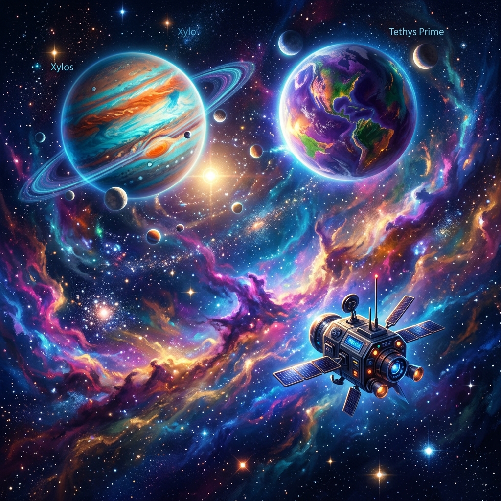 深宇宙を漂流するドローンと未知の惑星