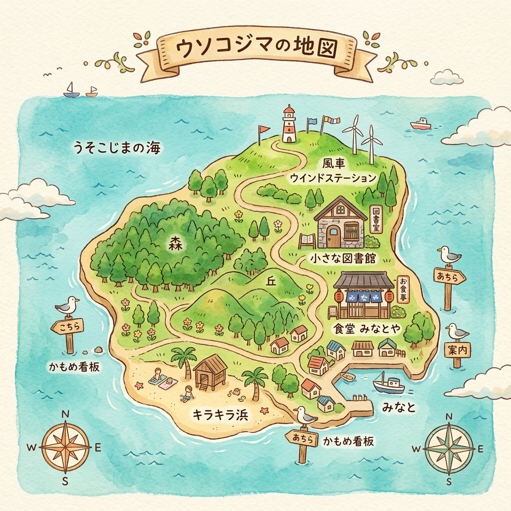 うそこ島の手描き地図。森、図書室、食堂、みなと、風車などが描かれている